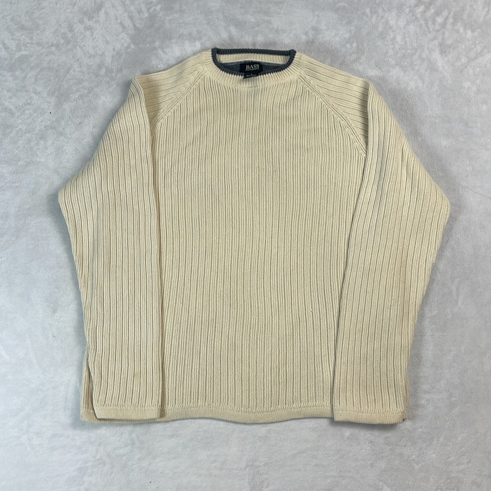 G.H. Bass & Co. Men's Sweater Cream Size M Cotton Ribbed Knit Raglan Crewneck